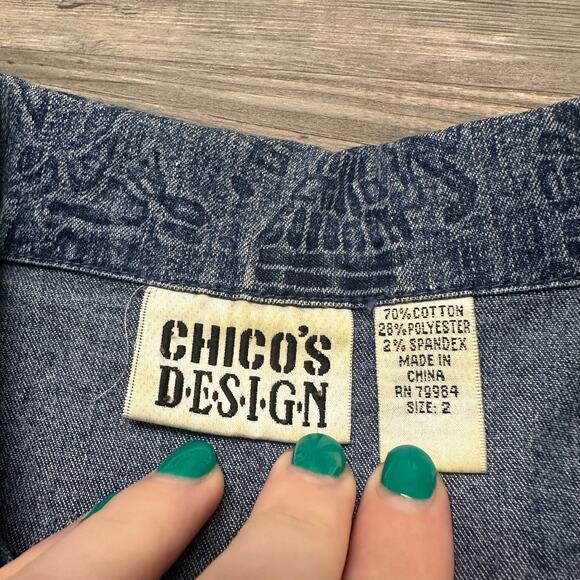 Vintage 90s Chicos Design Floral Blue Womens 2 Stretch Snap‎ Front Denim Jacket - Picture 4 of 8